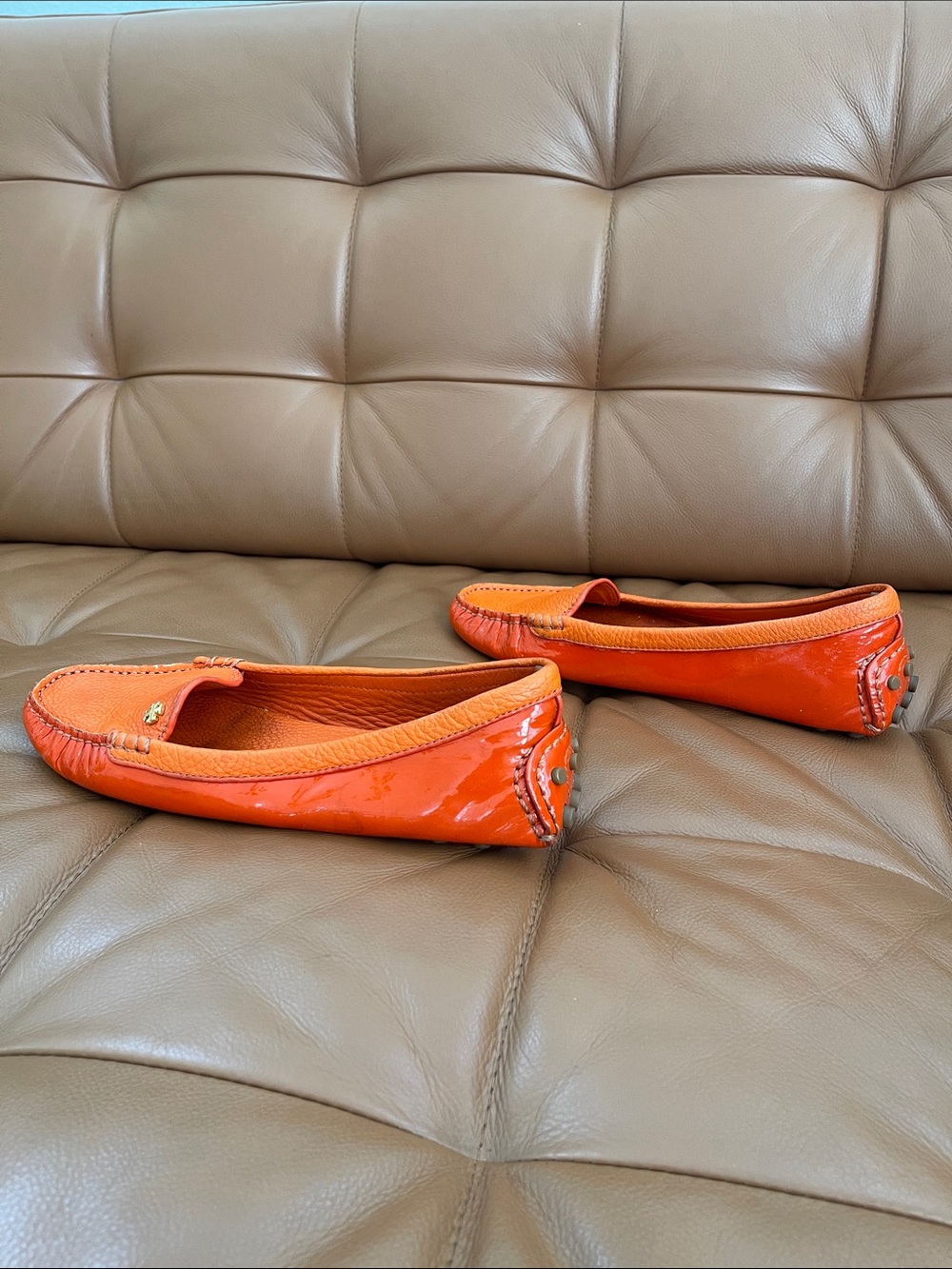 Tory Burch Orange Patent Leather Driving Loafers with Rubber Pebble Soles - Picture 6 of 10